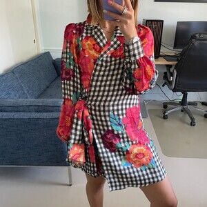 Farm Rio Floral Gingham Wrap Mini Dress XS